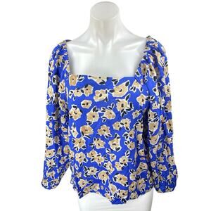 Ann Taylor Women's Blue Floral Long Puff Sleeve Square Neck Blouse Top Size L